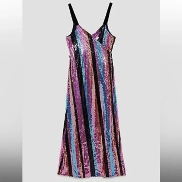 SOLD Zara Sequin Stripe Midi Wrap Dress, Sz Small - Picture 8 of 16